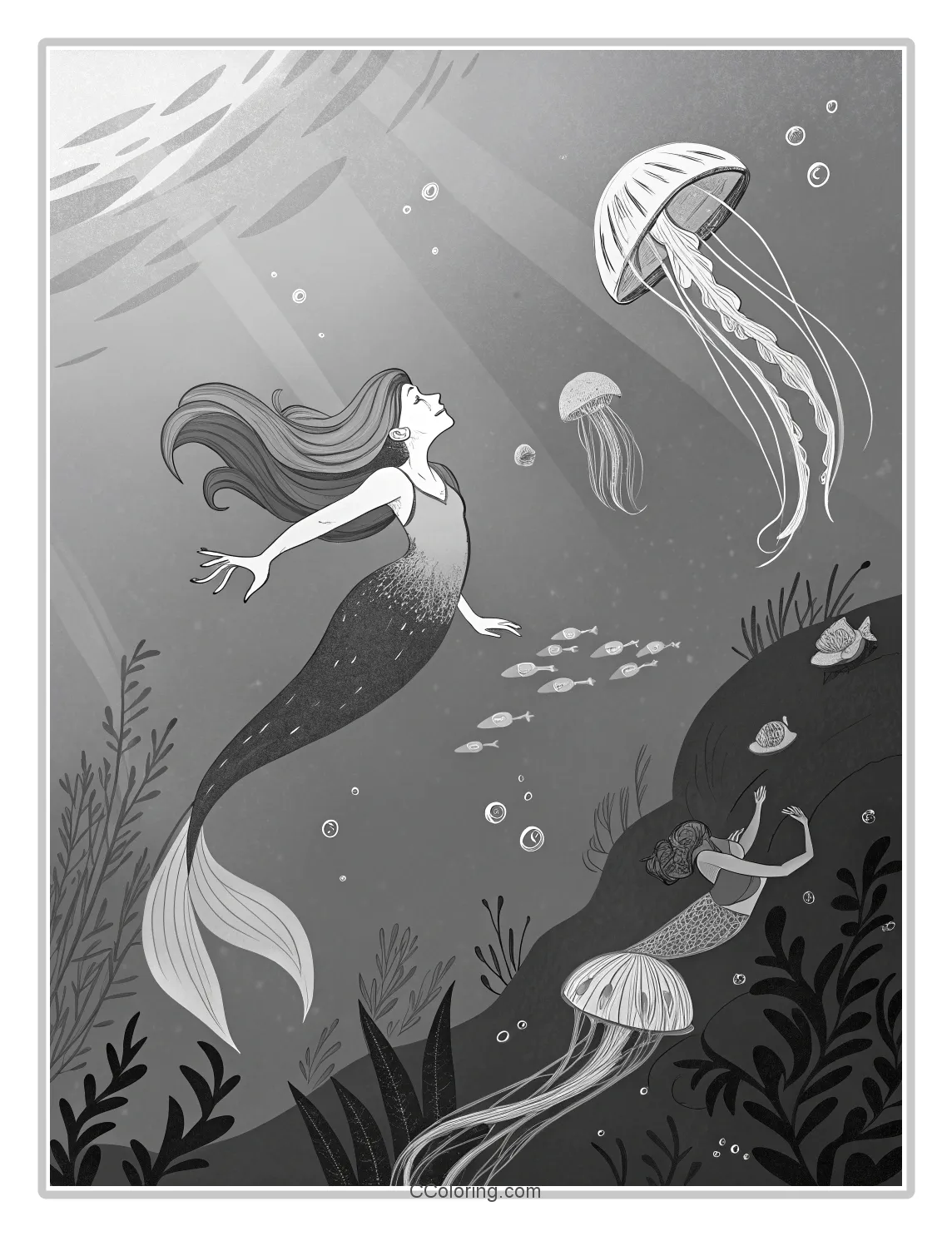 Monochrome Mermaid Scenes with Basic Jellyfish